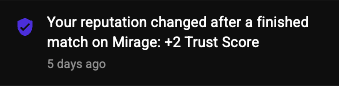 In-app notification: reputation +2 Trust Score after a finished match on Mirage